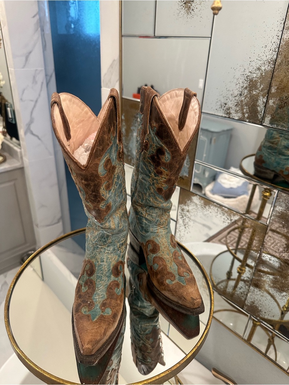 Women's Brown and Teal Embroidered Lace-Up Western Boots